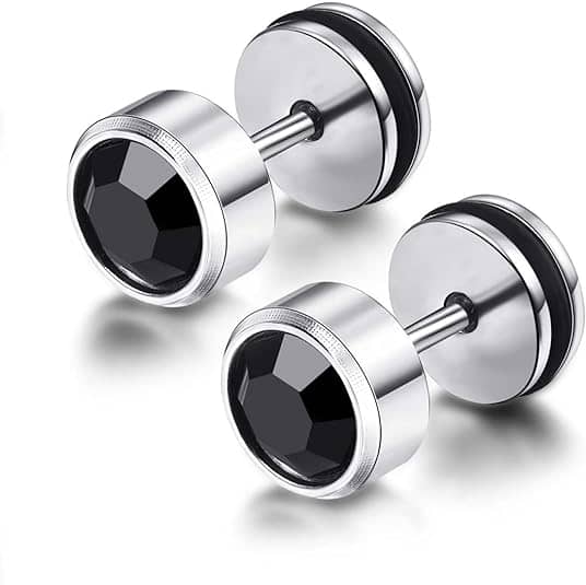 Stainless Steel Stud Earrings with Black Zirconia Inlay, 8mm Diameter SE00836