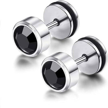 Stainless Steel Stud Earrings with Black Zirconia Inlay, 8mm Diameter SE00836