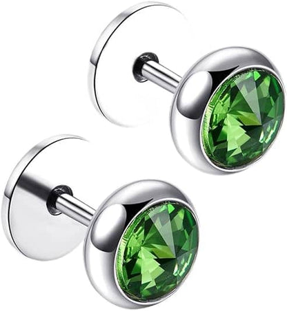 Stainless Steel Stud Earrings with Green Zirconia Inlay, 8mm Diameter SE00833