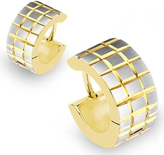 316L Surgical Stainless Steel Plated Hoop Pair of Earrings with Brushed Steel Grooved Square Grids