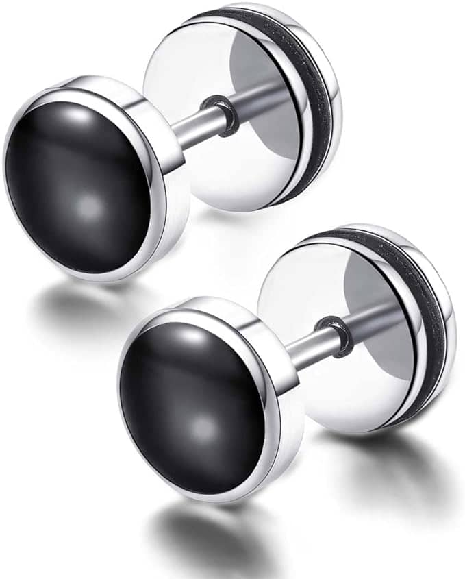 Stainless Steel Stud Earrings with Black Zirconia Inlay, 8mm Diameter SE00836