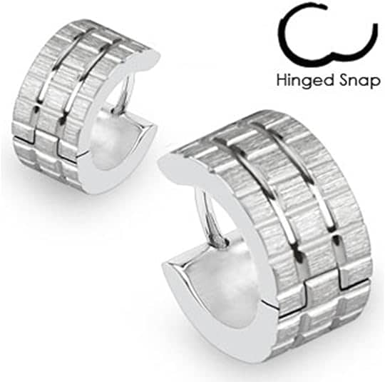 316L Surgical Stainless Steel Plated Hoop Pair of Earrings with Brushed Steel Grooved Square Grids