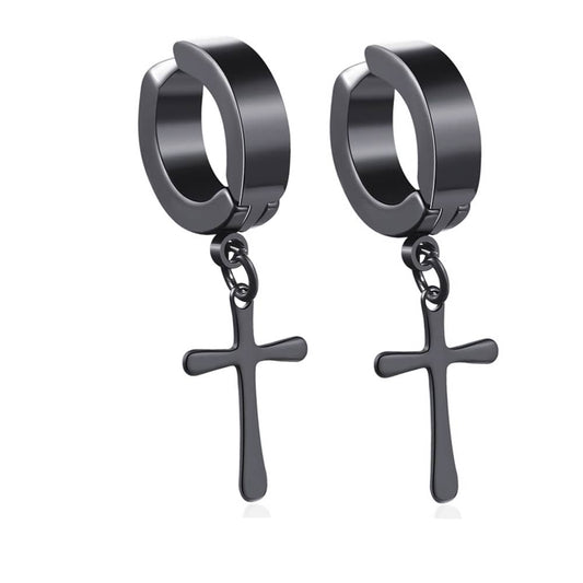 stainless steel black cross clip on earrings