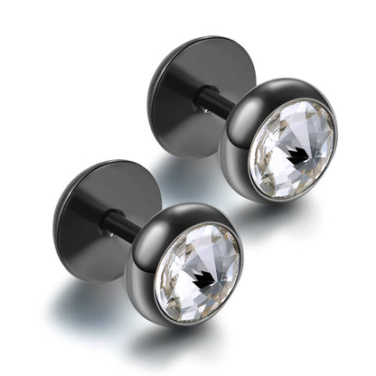 Stainless Steel Stud Earrings with Black Zirconia Inlay, 8mm Diameter SE00835